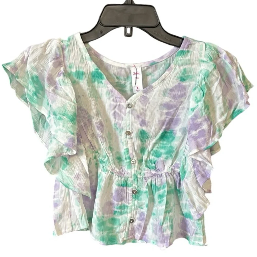Justice Girls White Purple and Green Short Sleeve Ruffle Detailing Top